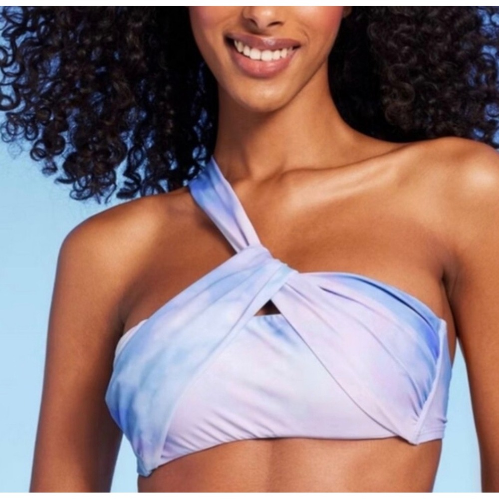 Shade & Shore‎ Bikini Top Womens Medium Blue Tie Dye One Shoulder Wrap Swimwear